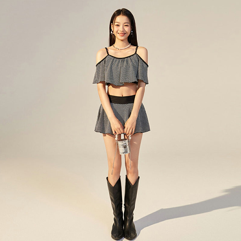 【2点セットビキニ水着】水着 レディース ビキニ 上下2点セット オフショルダー 2Way セパレート フレアトップス スカート  シンプル 大人 女性用 黒 ハイウエスト ドット柄 ノンワイヤー 小胸水着 お洒落 かわいい セクシー 露出控え ビーチ UPF50+