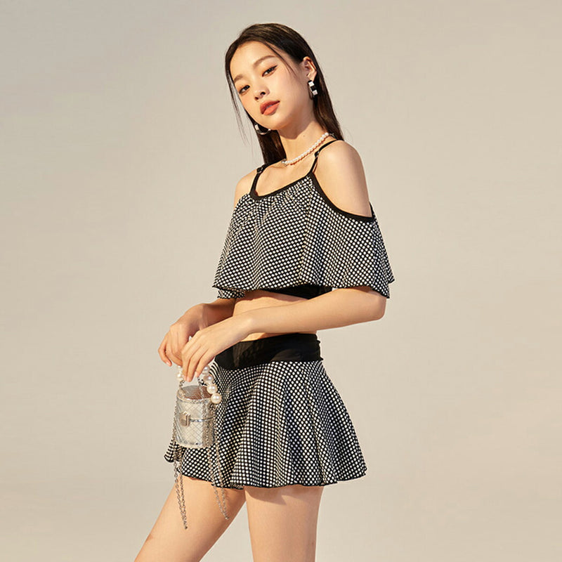 【2点セットビキニ水着】水着 レディース ビキニ 上下2点セット オフショルダー 2Way セパレート フレアトップス スカート  シンプル 大人 女性用 黒 ハイウエスト ドット柄 ノンワイヤー 小胸水着 お洒落 かわいい セクシー 露出控え ビーチ UPF50+