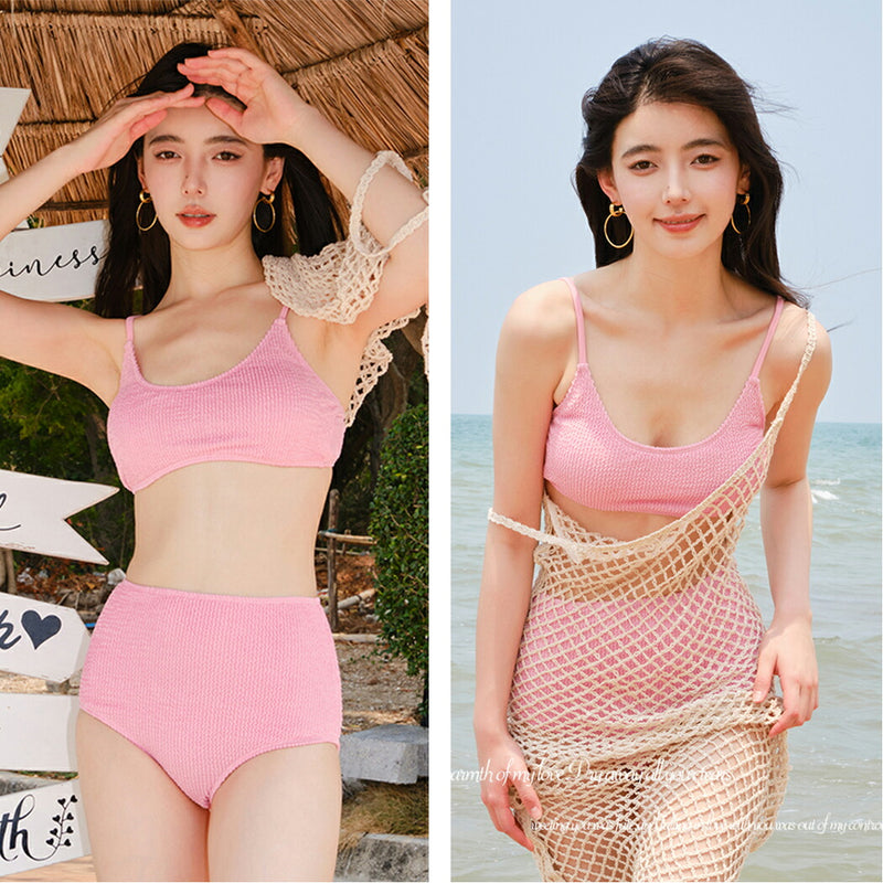 水着 レディース ビキニ クロシェ ロングワンピース 3点セット 体型カバー水着 20代 30代 オトナ女子 セクシー バックシャン お洒落 可愛い セパレート ハイウエスト シンプル パッド付き 小胸 バスト 盛れる 露出控えめ ピンク レッド イェロー