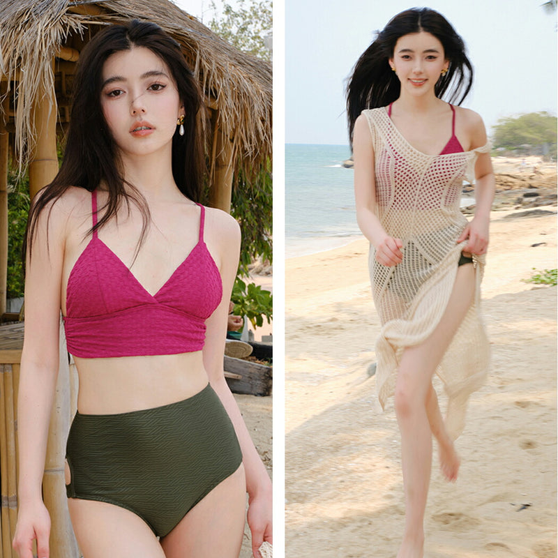 水着 レディース ビキニ クロシェ ロングワンピース 3点セット 体型カバー水着 20代 30代 オトナ女子 セクシー バックシャン お洒落 可愛い セパレート ハイウエスト シンプル パッド付き 小胸 バスト 盛れる 露出控えめ ピンク レッド イェロー