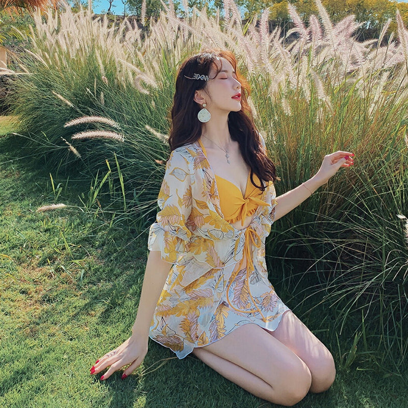 水着 レディース 体型カバー  ビキニ セパレート ワイヤー入りブラ上下3点セット 無地 イェロー ロングアウター カジュアル 大人 かっこいい かわいい きれい 女性 大人 大きいサイズ M L LL 露出控え 海 ビーチ UPF50+