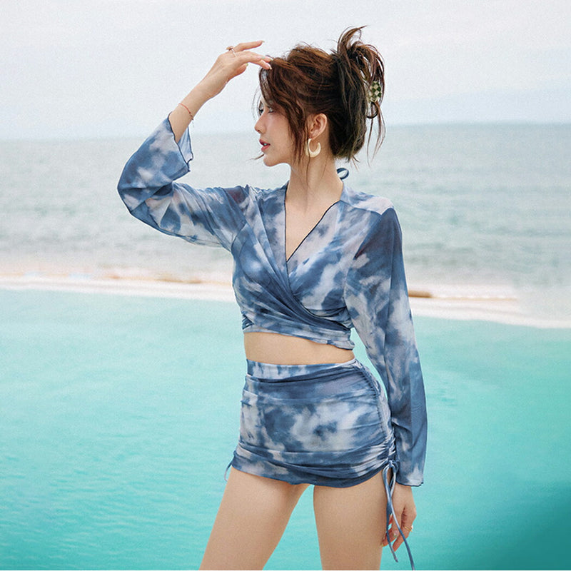 水着 レディース 体型カバー ビキニ 上下4点セット 長袖アウター スカート セパレート ワイヤー 露出控えめ 10代 20代 30代 シンプル 大人 女性用 ネイビー ハイウエスト 小胸水着 盛れる お洒落 セクシー おしゃれ かわいい ママ水着