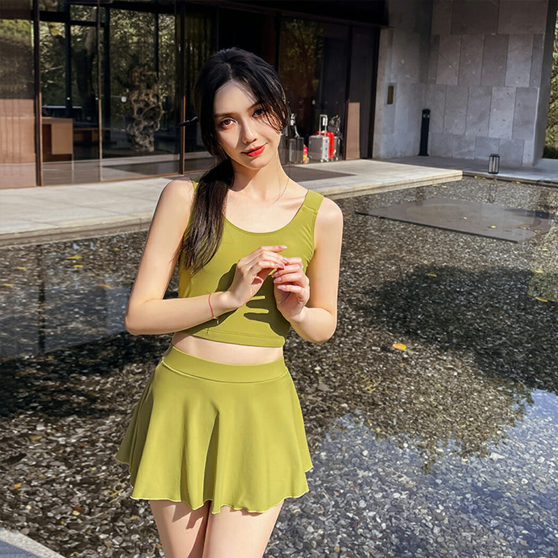 水着 レディース ビキニ 3点セット 5分袖 アウター付 セパレート ワイヤー入り ビキニ 露出控えめ 10代 20代 30代 大人 女性用 グリーン ハイウエスト スカート 無地 シンプル 刺? 花柄 チャイナ風 小胸水着 お洒落 セクシー おしゃれ
