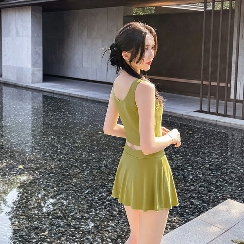 水着 レディース ビキニ 3点セット 5分袖 アウター付 セパレート ワイヤー入り ビキニ 露出控えめ 10代 20代 30代 大人 女性用 グリーン ハイウエスト スカート 無地 シンプル 刺? 花柄 チャイナ風 小胸水着 お洒落 セクシー おしゃれ
