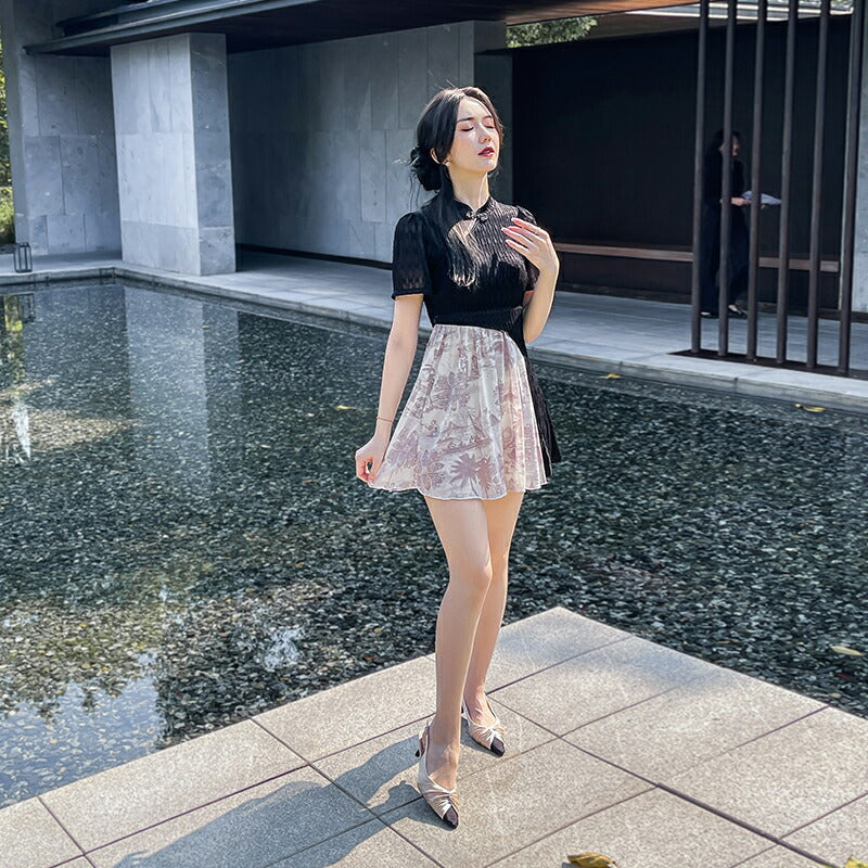 【ワンピース水着2点セット】レディース 体型カバー オールインワン 袖 ボクサーパンツ 短パン 大きいサイズ ノンワイヤー チャイナ風 露出控えめ 10/20/30/40代 大人 女性用 小胸 盛れる お洒落 おしゃれ セクシー